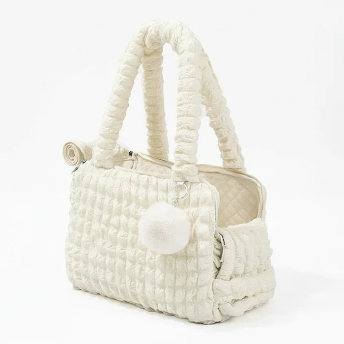 Sac de transport pour petit chien et chat en tissu blanc avec poches et pompon décoratif