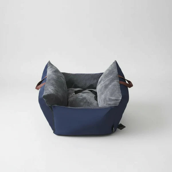 Sac de transport voiture pour chien Oscar et Plume bleu et gris avec harnais de sécurité intégré