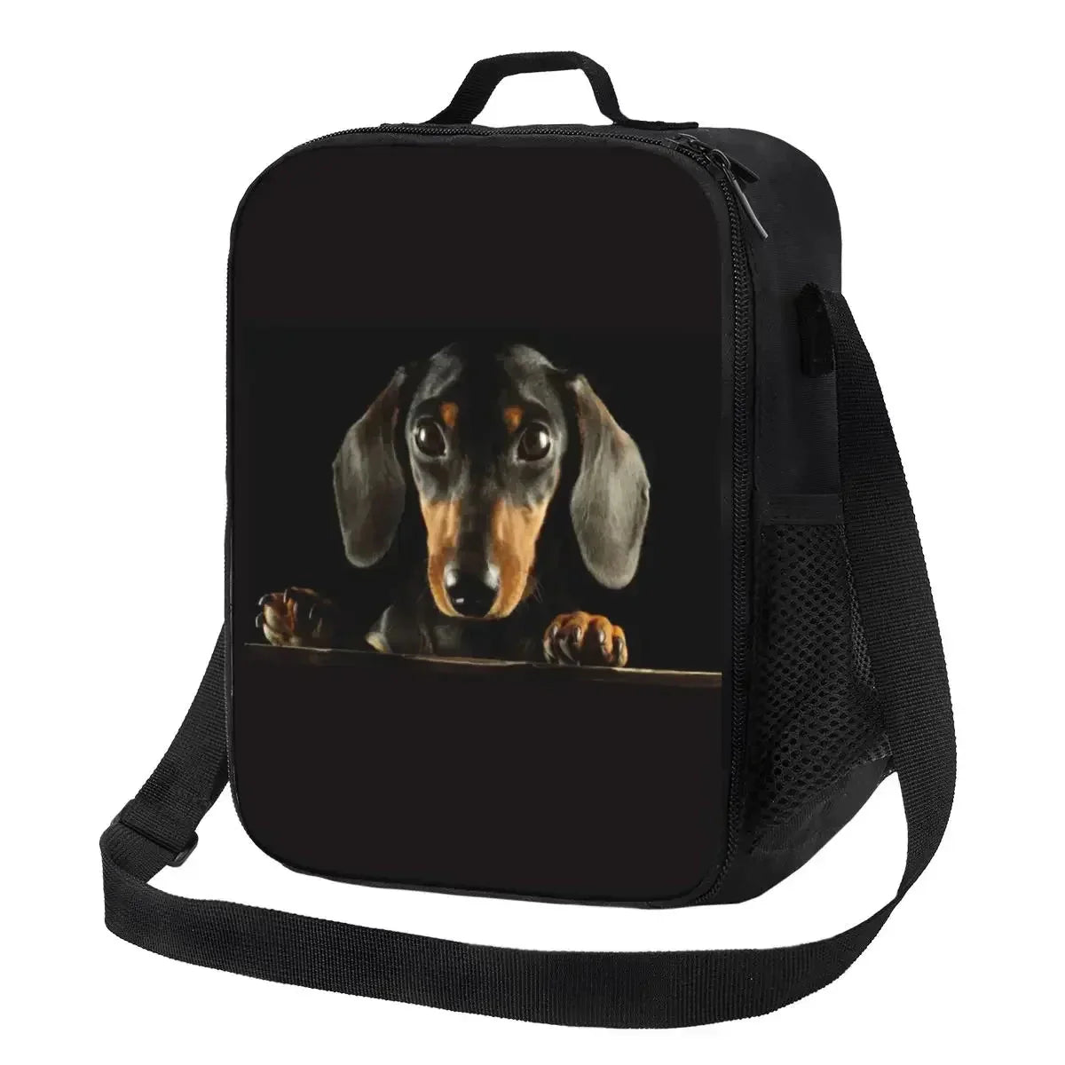 Sac isotherme design chien noir avec illustration réaliste de chien de race teckel par Oscar et Plume