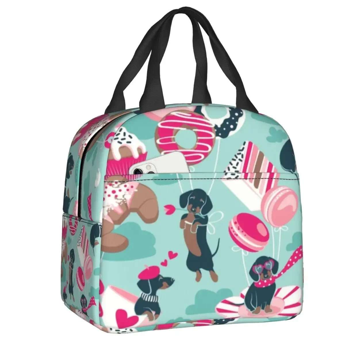 Sac isotherme teckel coloré avec des impressions de chiens et de bonbons, idéal pour les pique-niques