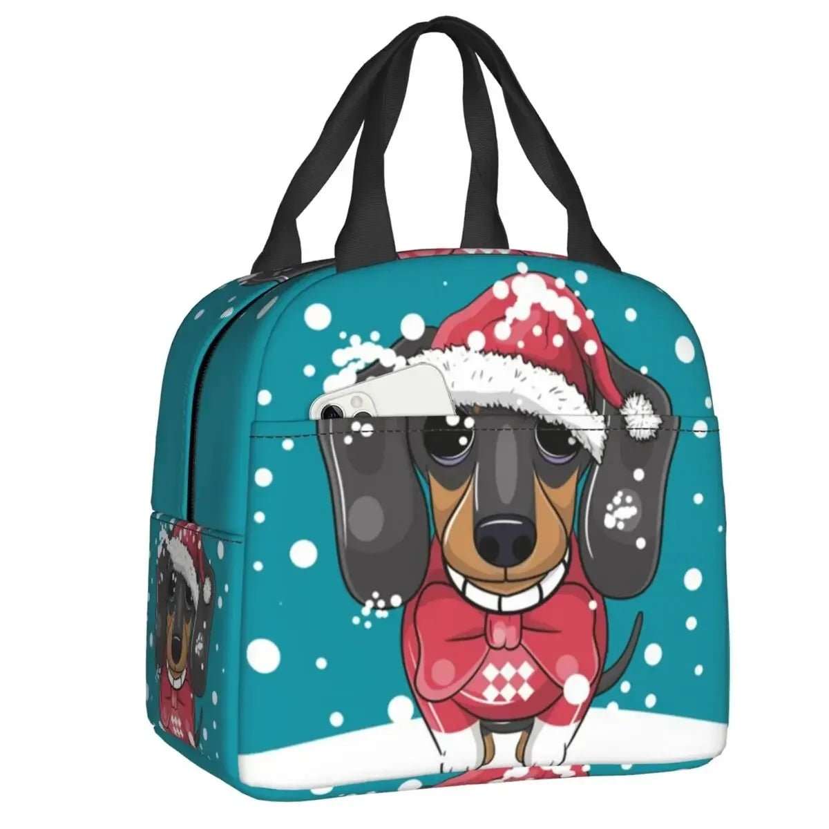 Sac isotherme teckel avec un design joyeux de chien portant un chapeau de Noël et un nœud papillon