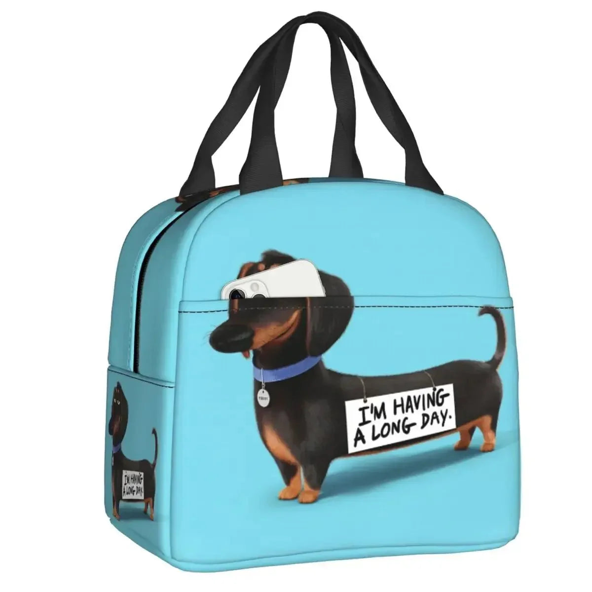 Sac isotherme teckel avec design amusant d'un chien et inscription humoristique sur fond bleu
