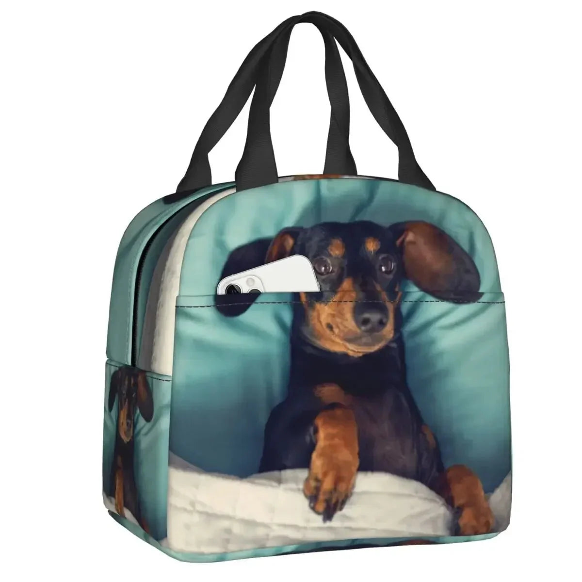 Sac isotherme teckel avec une image amusante d'un chien teckel dans un lit douillet