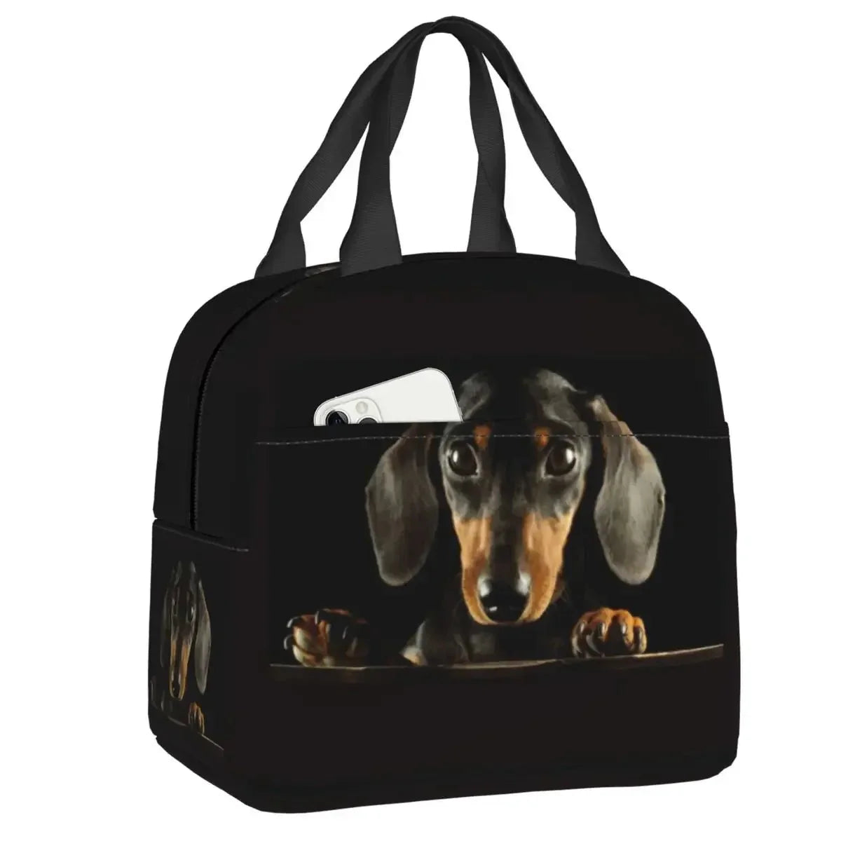 Sac isotherme teckel avec image de chiot teckel et poche pour téléphone portable