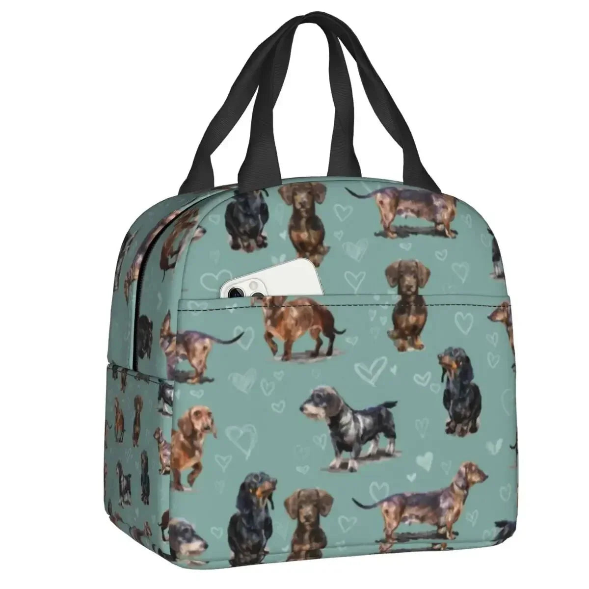 Sac isotherme teckel avec motif de chiens teckels sur fond vert pour un style unique et pratique