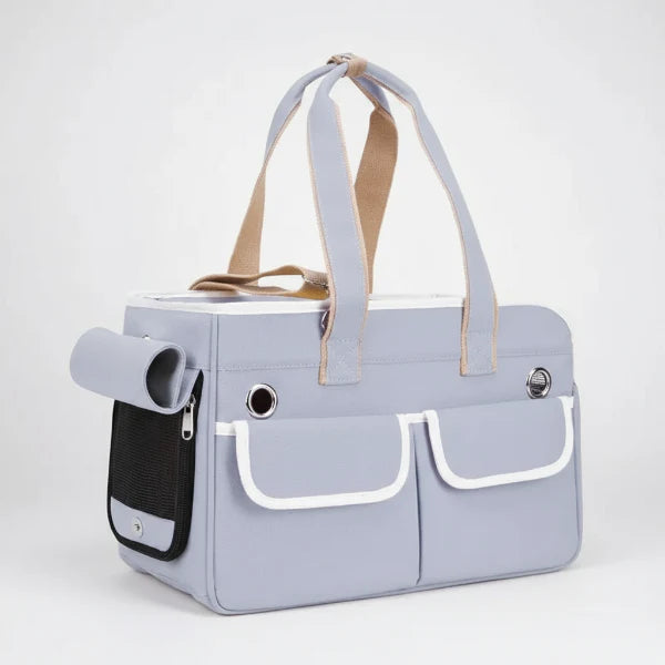 Sac transport chat design gris clair avec poches avant et anses doubles Oscar et Plume