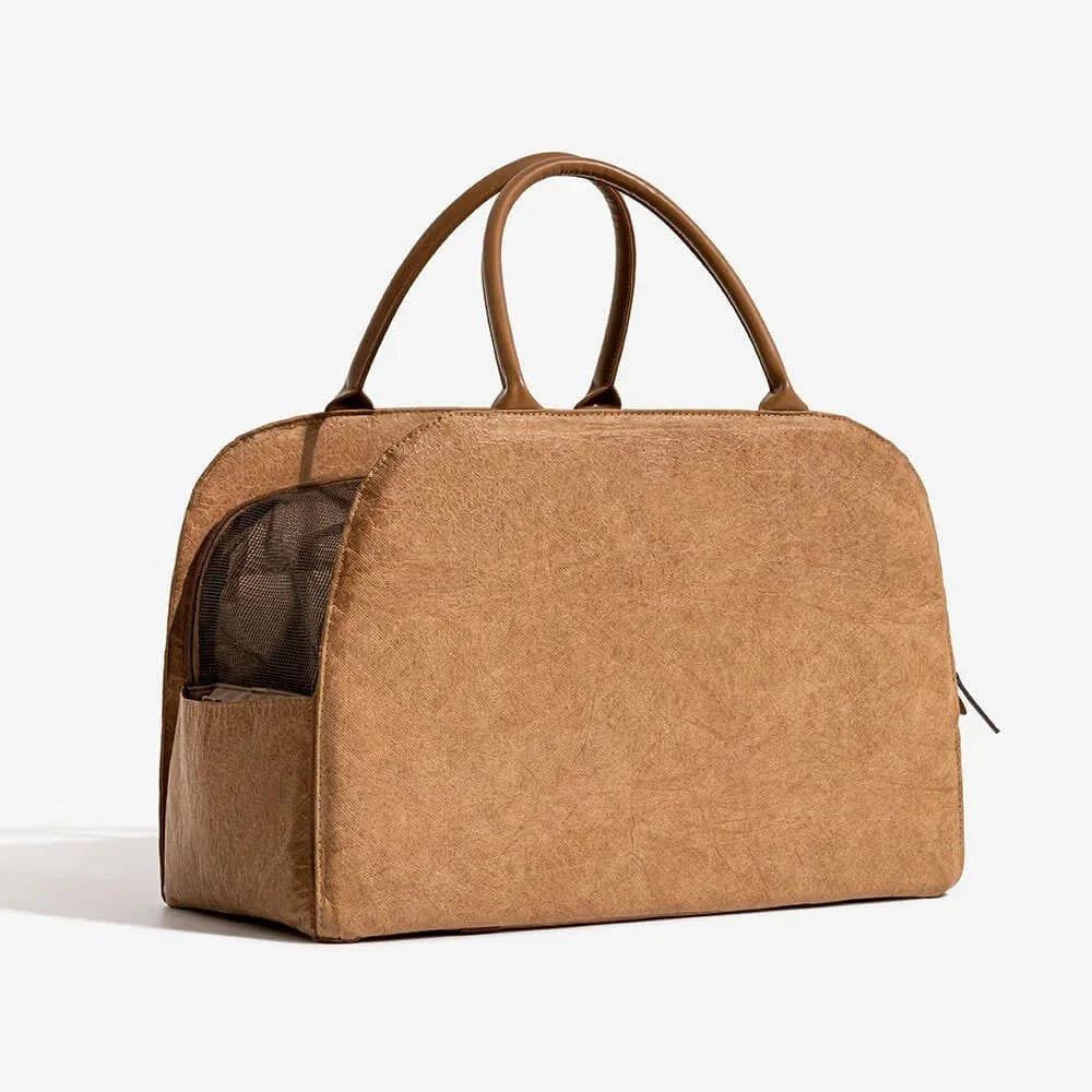 Sac voyage design petit chien marron clair avec poignées et côtés filets pour aération