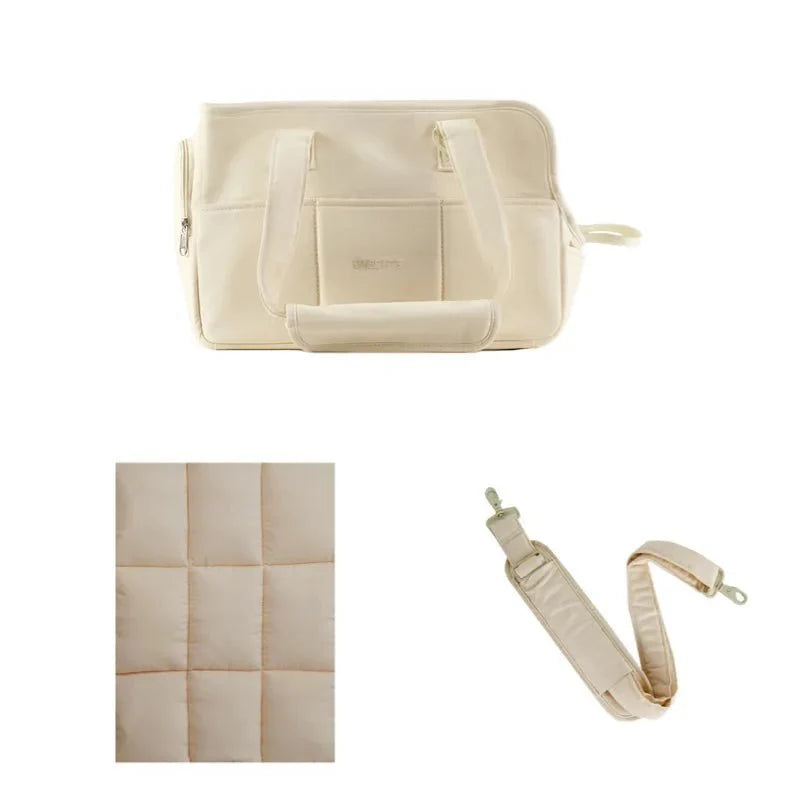 Sac voyage pour petit chien beige avec matelas rembourré et bandoulière ajustable Oscar et Plume