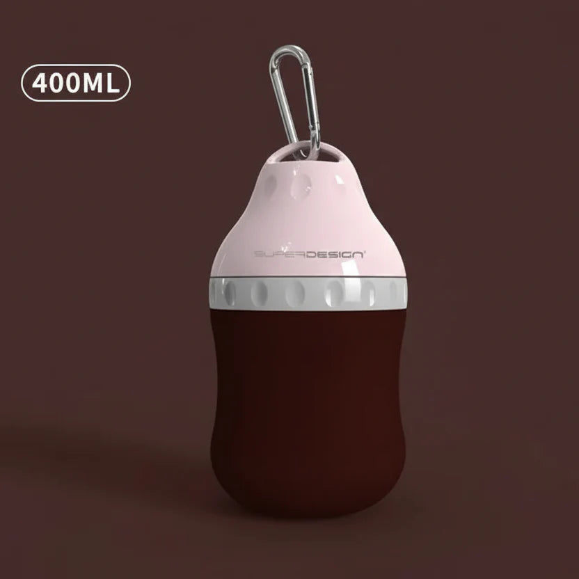 Gourde de voyage pour chien de 400ML avec design ergonomique et clip de transport pratique.