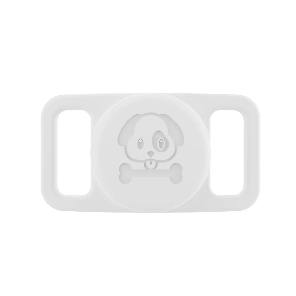 Support AirTag chien blanc avec design de chien et os pour fixer facilement à un collier