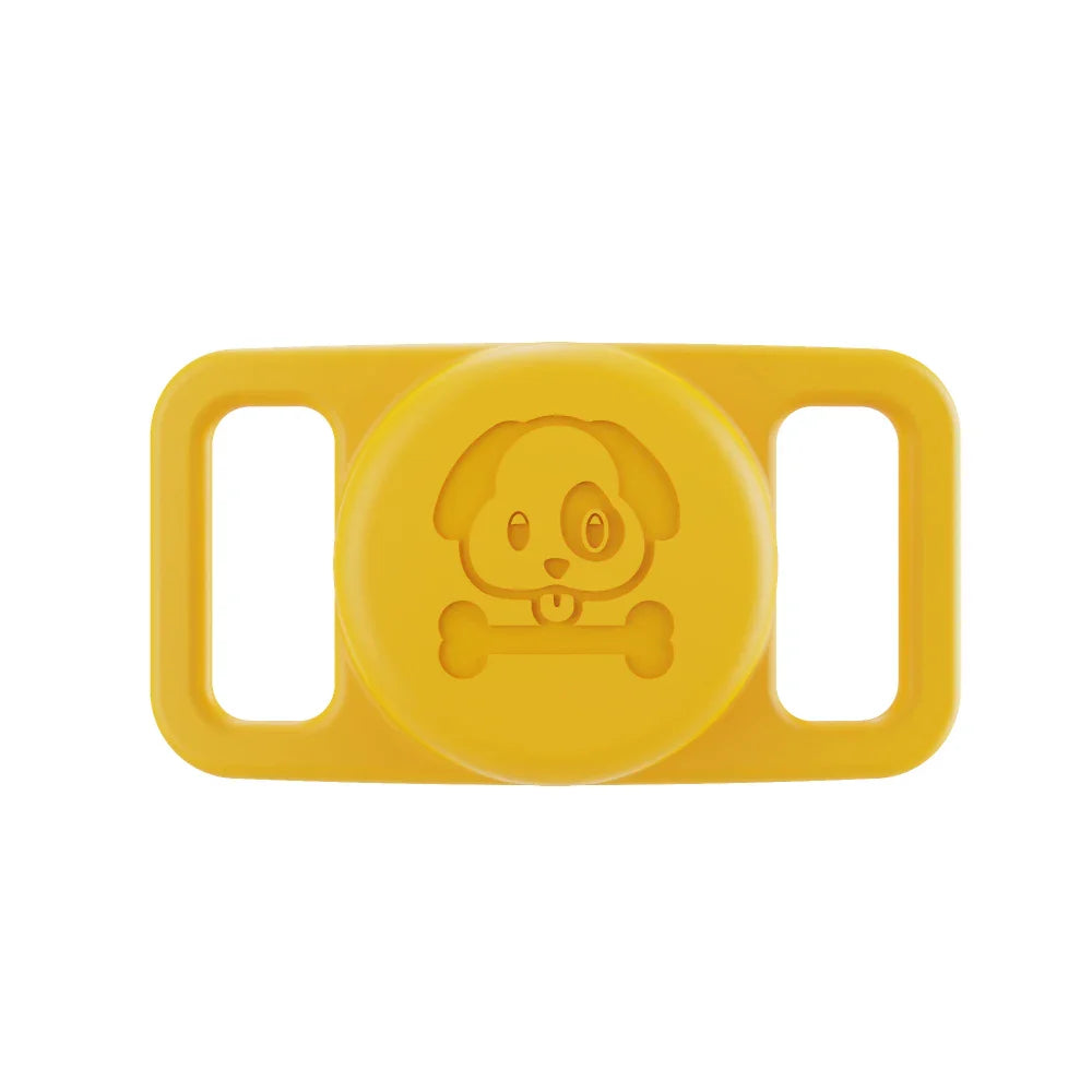 Support AirTag chien jaune en silicone avec motif chien et os pour collier
