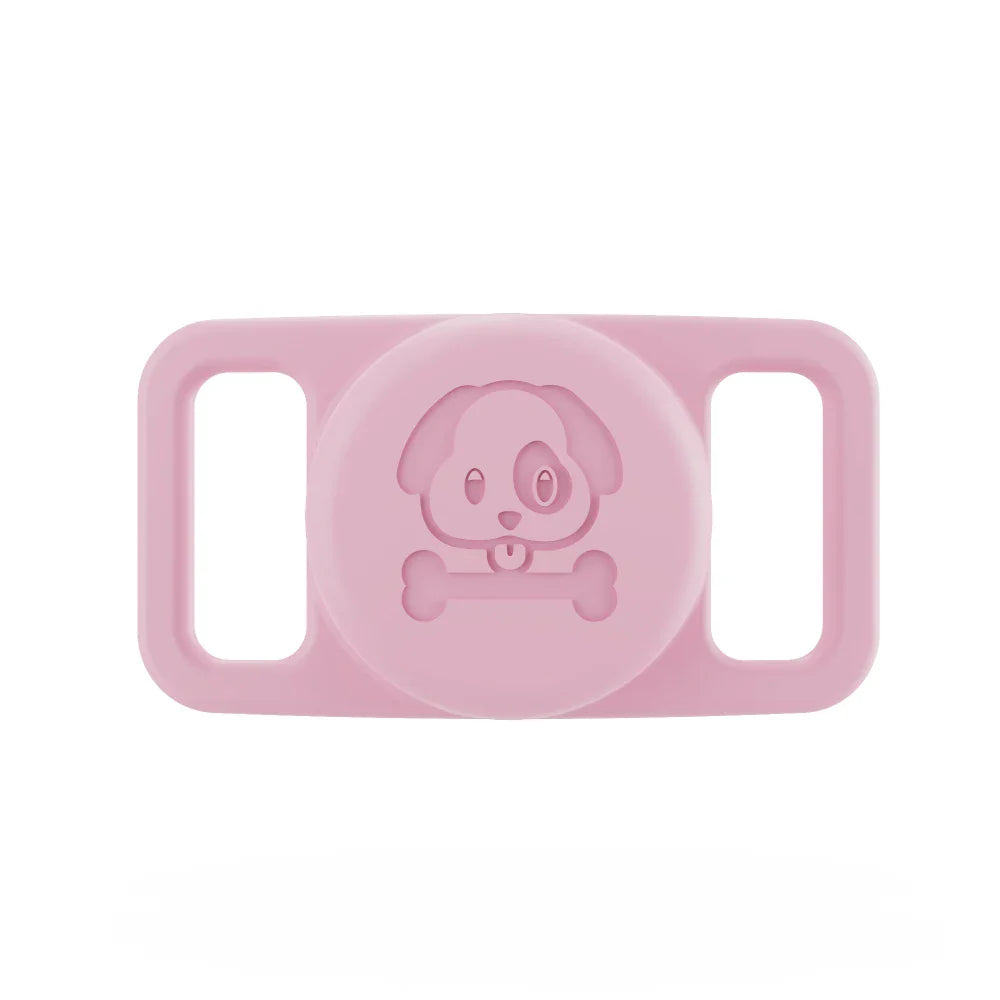 Support AirTag chien en silicone rose avec motif chien et os pour collier