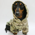 Teckel noir et feu portant un sweat capuche pour teckel camouflage Oscar et Plume coupe chaude et douillette