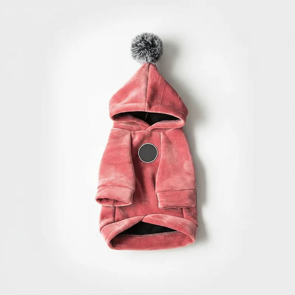 Sweat pour chien rose avec capuche et pompon en fausse fourrure de la marque Oscar et Plume