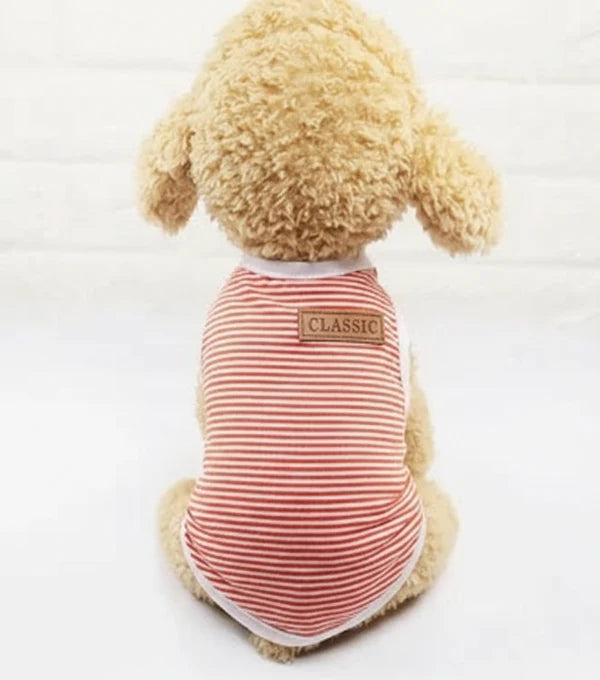 T-shirt coton pour chien rayé rouge et blanc avec étiquette CLASSIC au dos