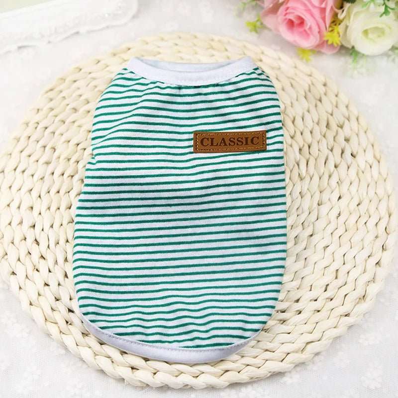 T-shirt coton pour chien rayé vert et blanc avec une étiquette CLASSIC élégante