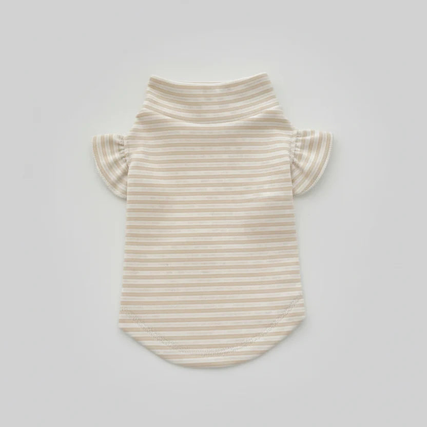T-shirt manches volantes pour teckel en rayures beige avec col haut élégant