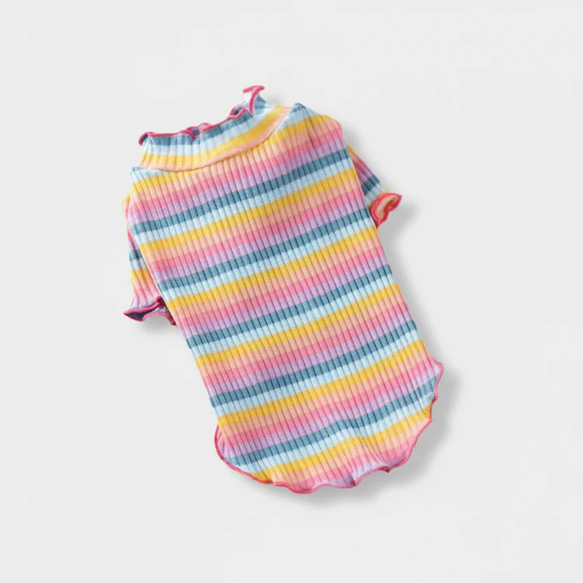 T-shirt pour petit chien aux rayures colorées rose, bleu et jaune avec un col froncé