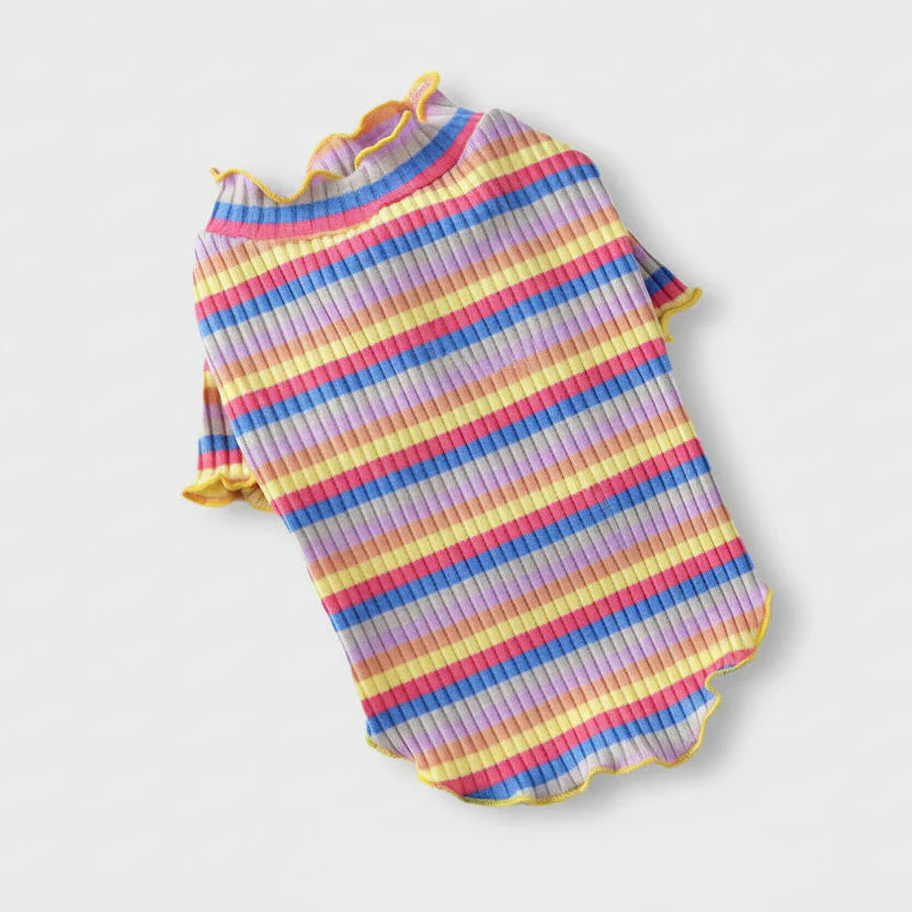 T-shirt pour petit chien à rayures colorées en jaune, violet et bleu, idéal pour le printemps