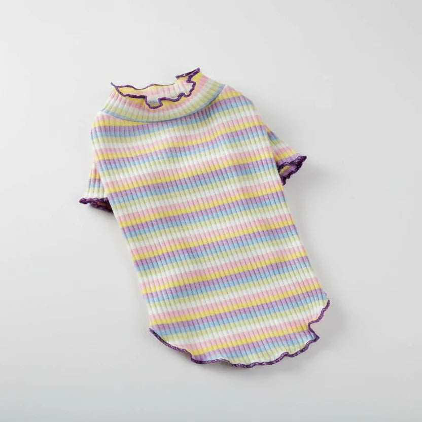 T-shirt pour petit chien à rayures colorées avec col festonné pour look tendance