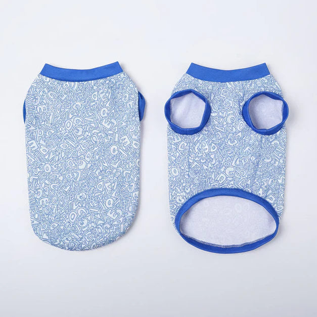 T-shirt rafraîchissant pour chien Oscar et Plume en bleu avec motifs ludiques pour l'été
