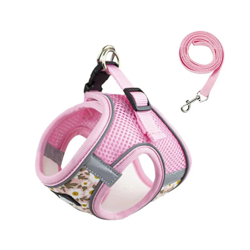 Ensemble harnais et laisse pour chien rose avec motifs floraux et tissu respirant de marque Oscar et Plume