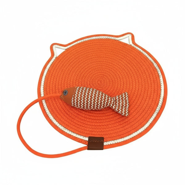 Tapis à gratter chat orange en forme de tête de chat avec jouet poisson attaché