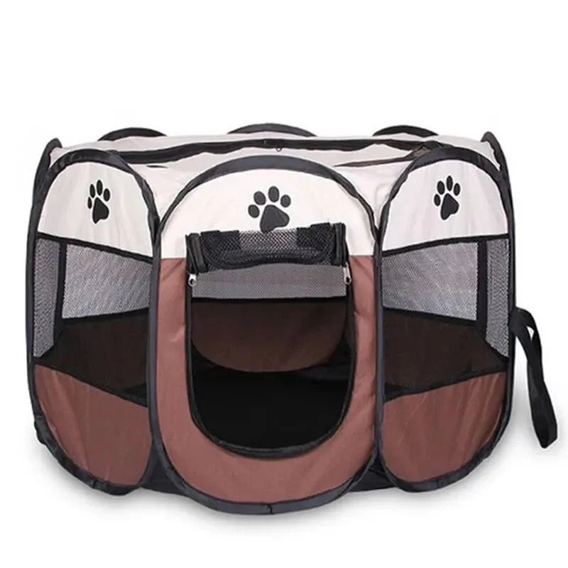 Tente pliable pour chat Oscar et Plume en tissu marron et blanc avec motifs pattes de chat