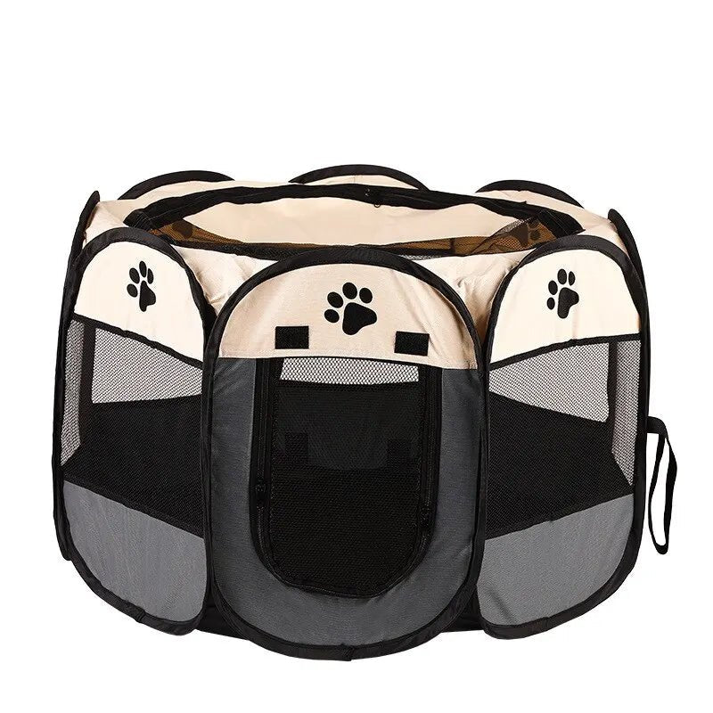 Tente pliable pour chat beige et noire avec fenêtres en filet pour une bonne aération
