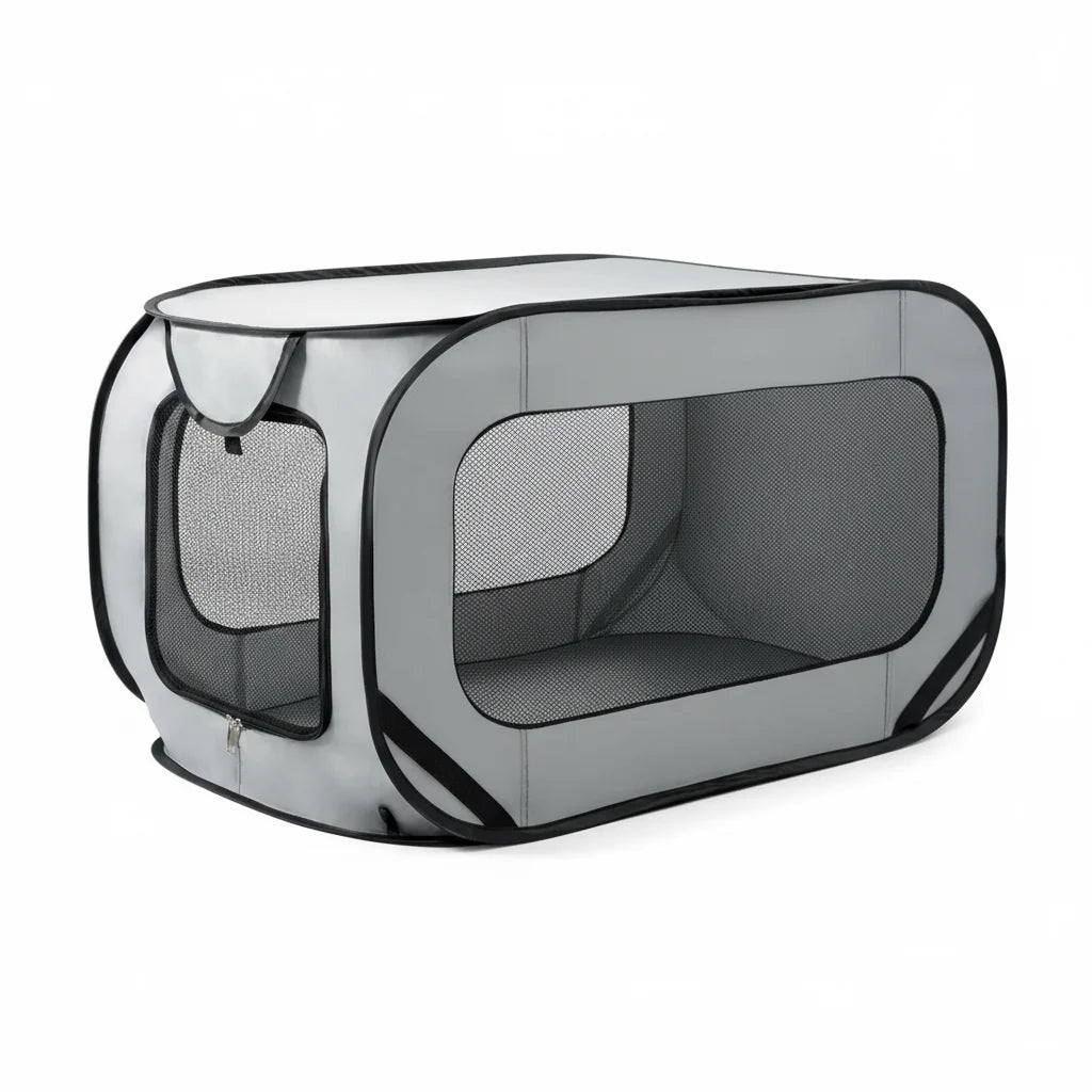 Tente pliable transportable chien chat grise avec fenêtres en maille pour une bonne aération