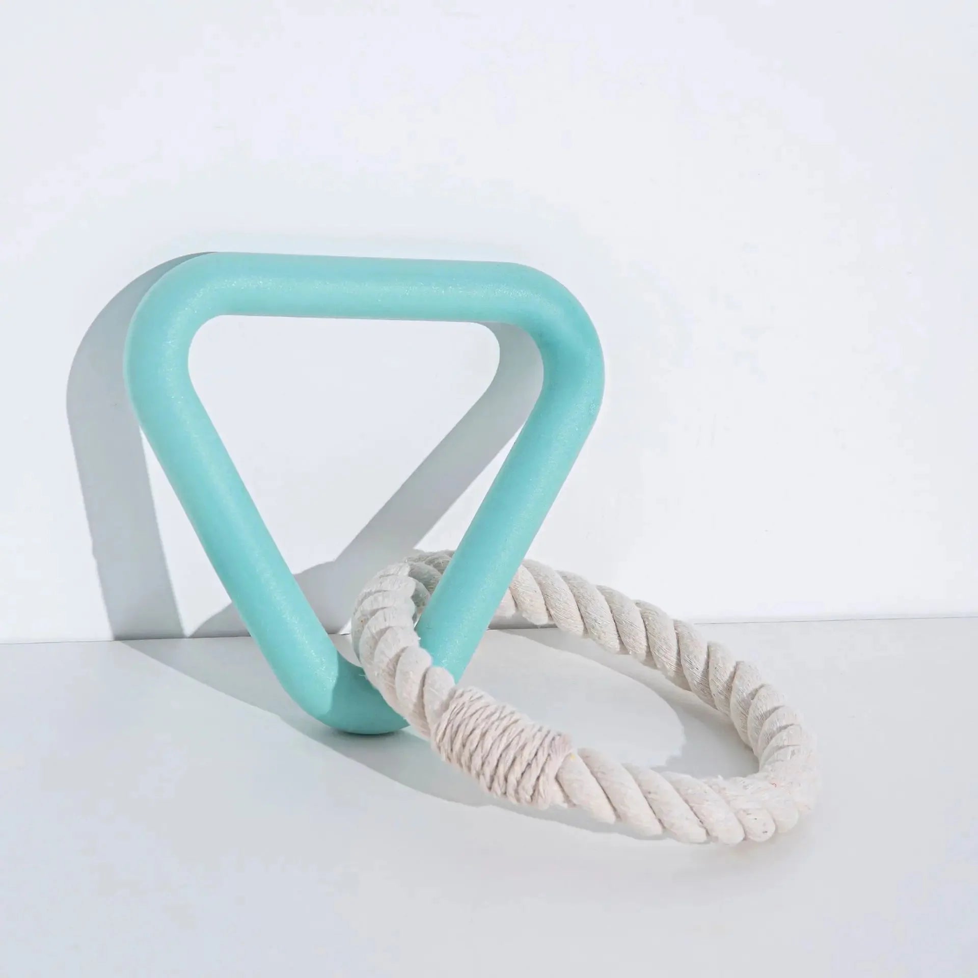 Jouet chien caoutchouc bleu triangulaire avec anneau en corde blanc pour jeu et mordillage