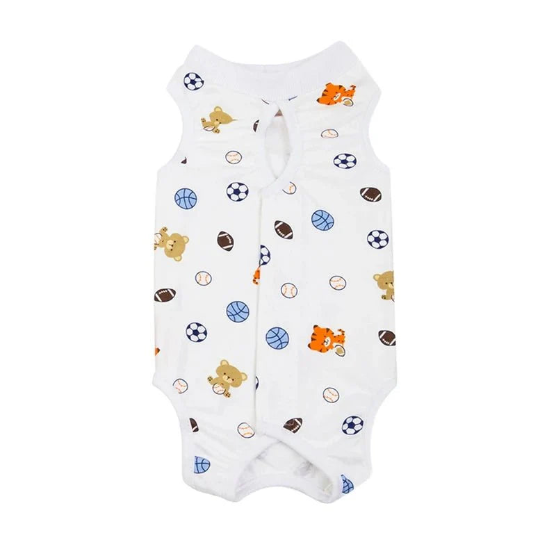 T-shirt post opératoire pour chat blanc avec motifs ours, tigre et ballons multicolores