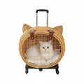 Valise à roulette pour chat en osier naturel avec forme tête de chat et roulettes noires