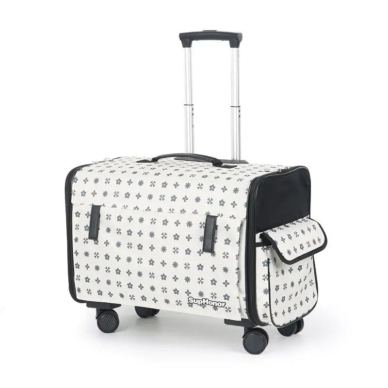 Valise roulettes pour chien blanche à motifs pattes avec poignée télescopique et poche latérale