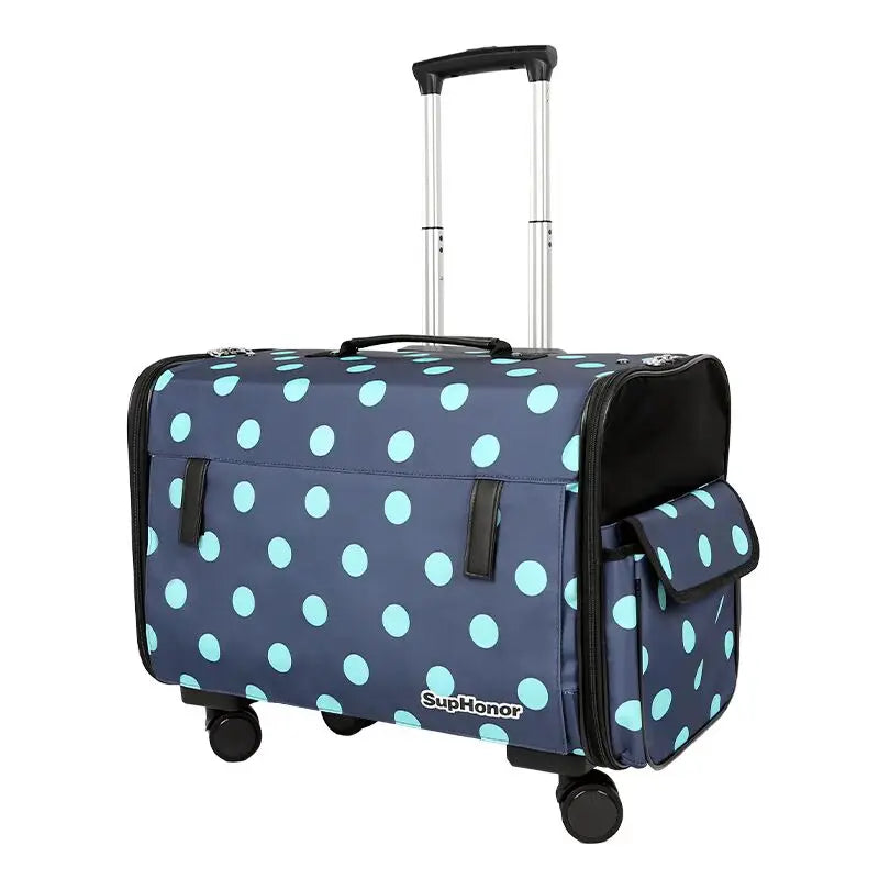 Valise roulettes pour chien bleue à pois avec poignée télescopique et poche latérale