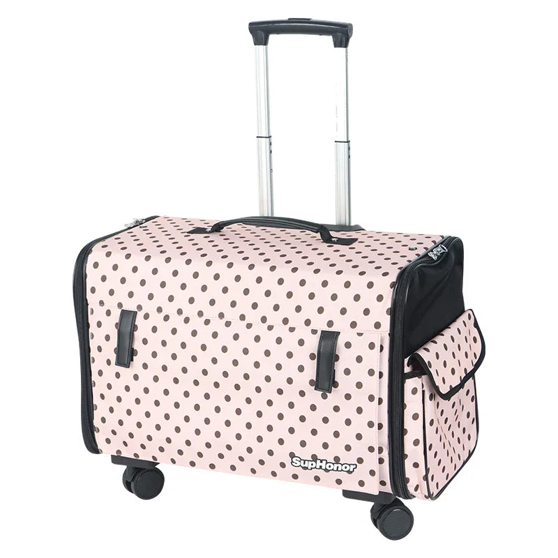 Valise roulettes pour chien rose à pois noirs avec poignée télescopique et poche latérale