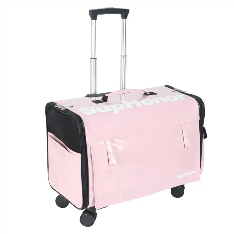 Valise roulettes pour chien rose avec poignée télescopique et poches latérales Oscar et Plume