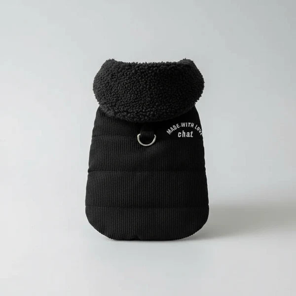 Deux manteaux pour petit chien gris et noir en tissu côtelé avec col en laine bouclée pour petits chiens