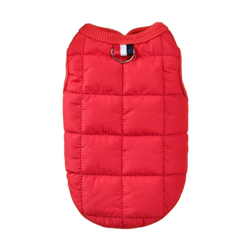 Veste chaude pour chien rouge matelassée avec anneau d'attache et col côtelé française