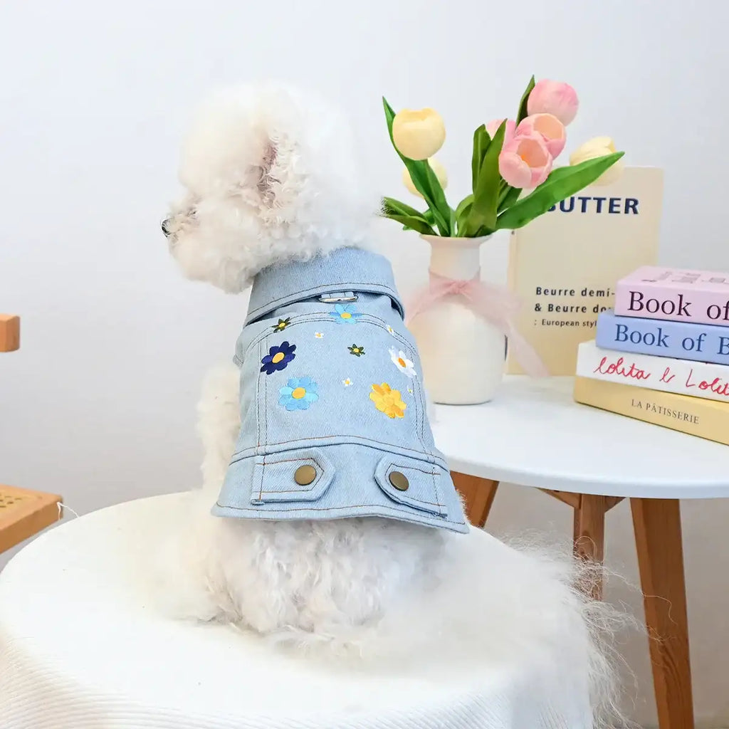 Veste En Jean Avec Fleurs Brodées Pour Chien