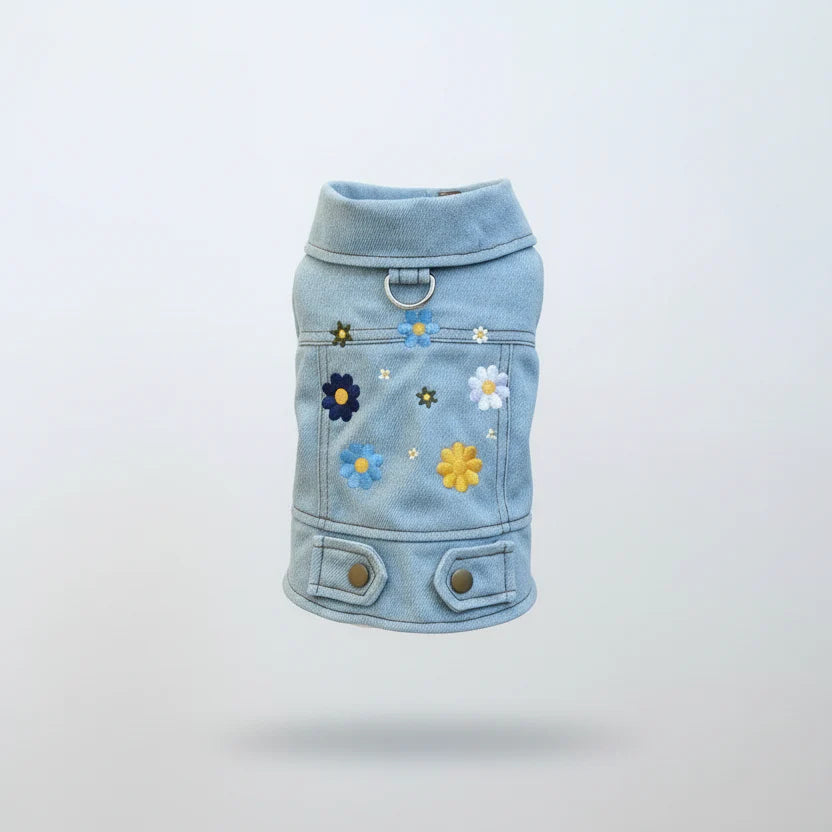 Veste En Jean Avec Fleurs Brodées Pour Chien