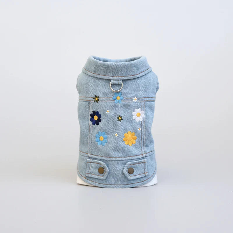 Veste En Jean Avec Fleurs Brodées Pour Chien