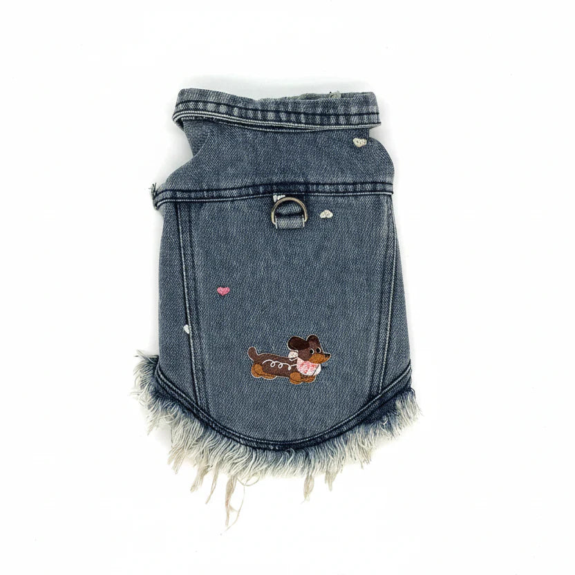 Veste en jean pour teckel avec broderie amusante et bord frangé pour chiens tendance