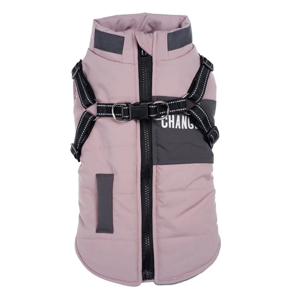 Veste hiver chien rose avec harnais intégré et fermeture éclair centrale de Oscar et Plume