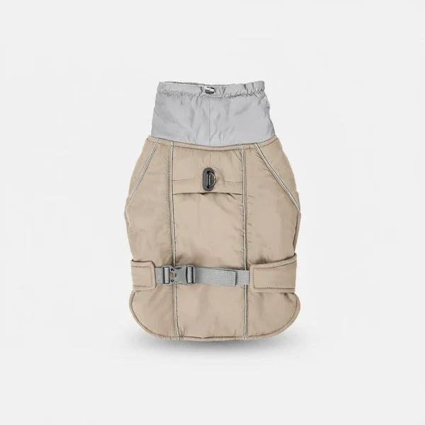 Veste imperméable chien beige avec col rembourré et ceinture ajustable pour protéger votre animal des intempéries