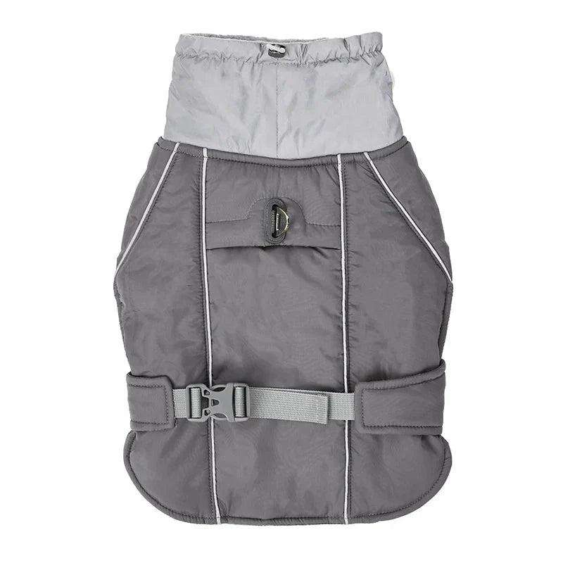 Veste imperméable chien en gris avec ceinture réglable et col haut pour protéger de la pluie