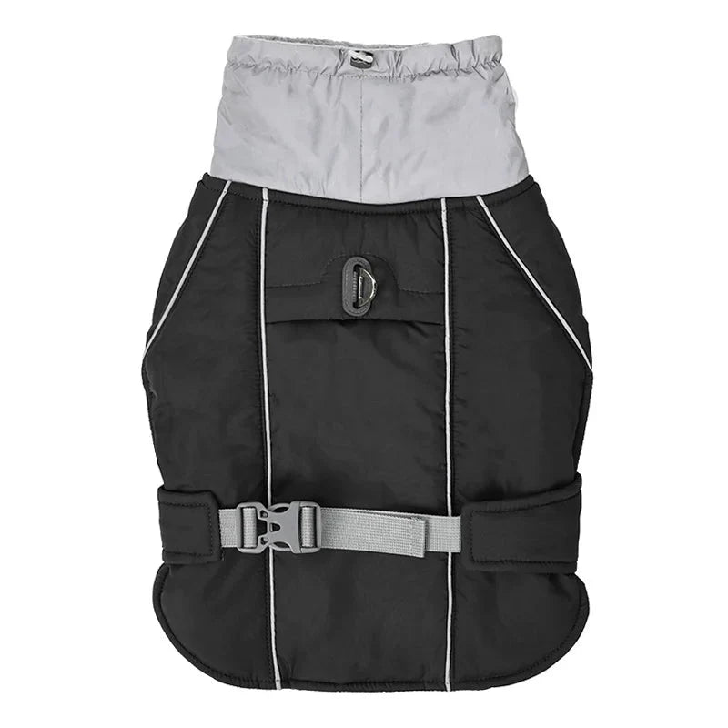 Veste imperméable chien Oscar et Plume en noir avec ceinture ajustable et col haut