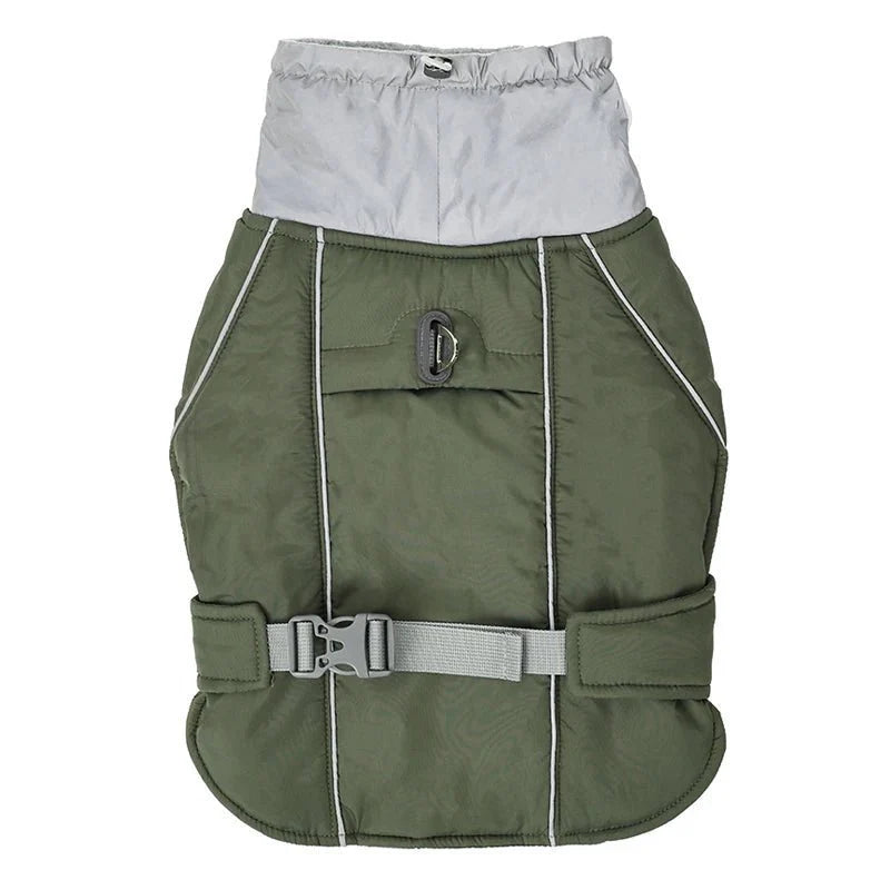 Veste imperméable chien Oscar et Plume en vert avec fermeture ajustable pour protéger des intempéries