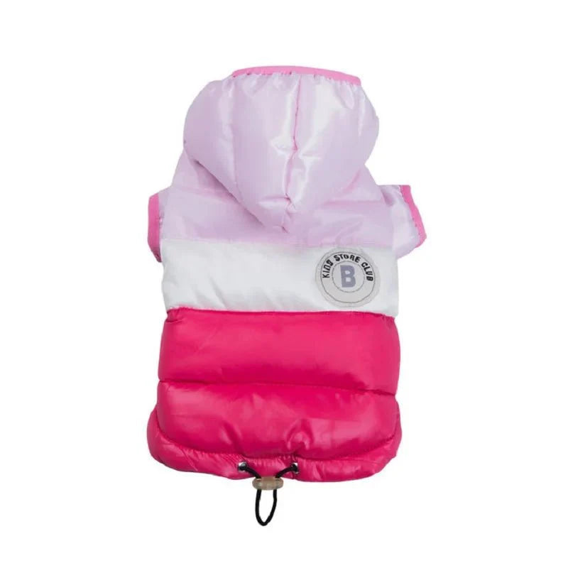 Veste imperméable pour chien Oscar et Plume rose et blanche avec capuche et cordon de serrage