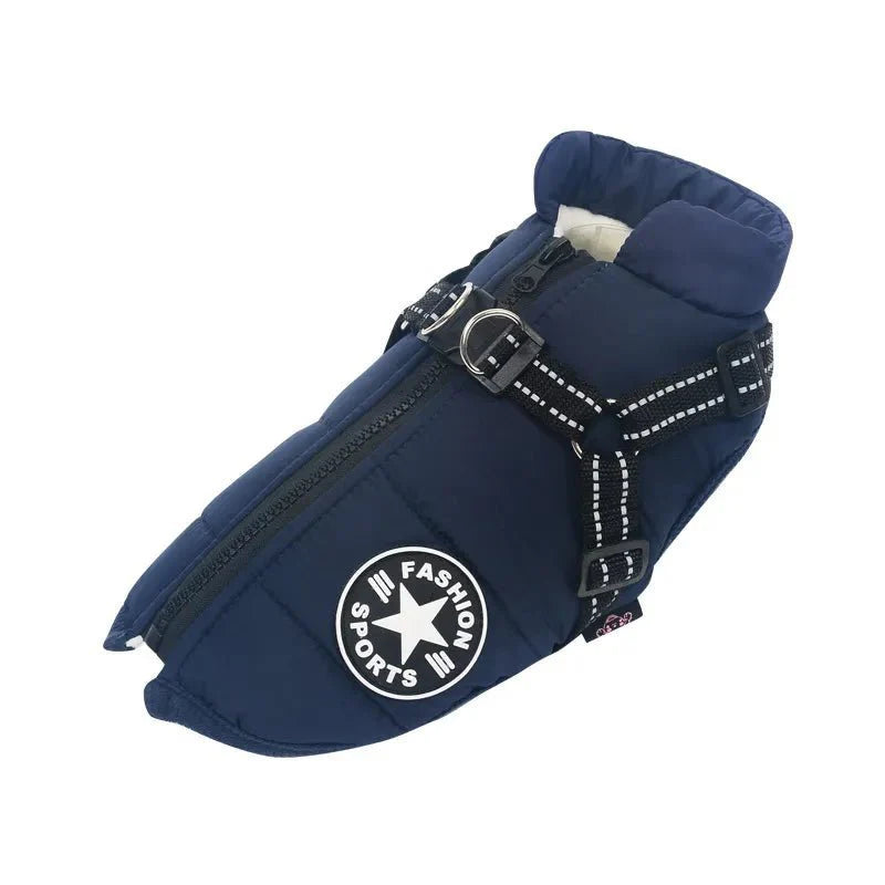 Veste imperméable pour chien en bleu marine avec fermeture éclair et harnais intégré